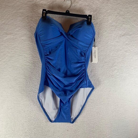 Calvin Klein Women's Shirred‎ Split Cup Bandeau Blue One Piece Swimsuit Size 16 - Picture 1 of 7